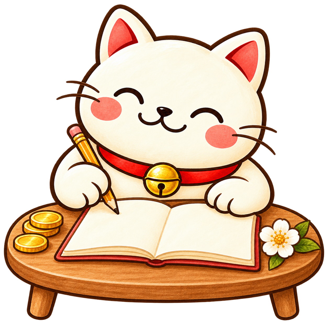 笑顔で家計ノートをつける招き猫のまねき